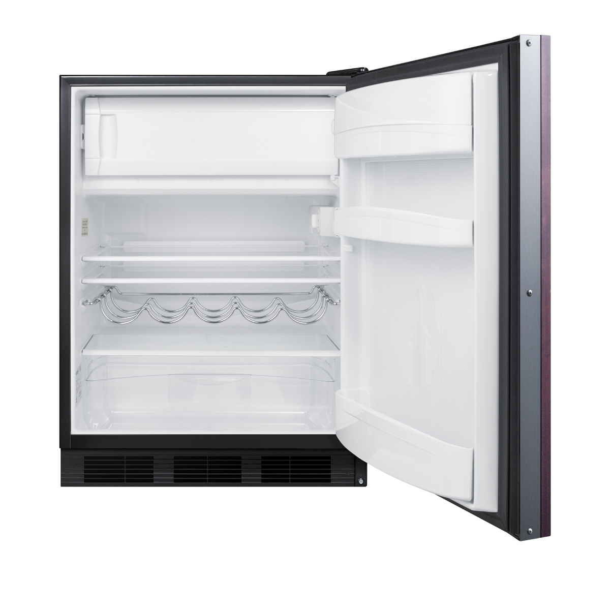 Built-in undercounter refrigerator-freezer for residential use, cycle defrost with a deluxe interior, panel-ready door, and black cabinet